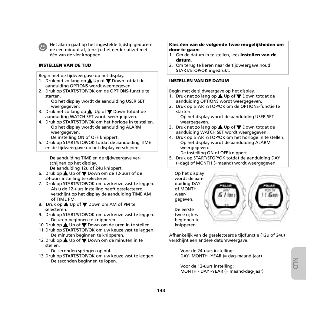 Polar M61, M62, M32, M31 user manual 143, Instellen VAN DE Tijd, Instellen VAN DE Datum 