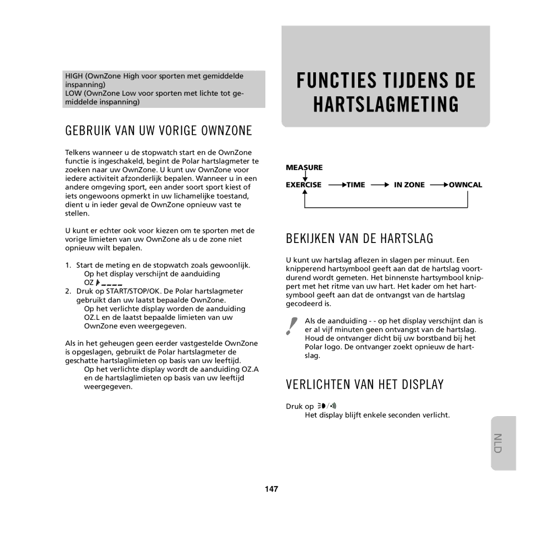Polar M61 Hartslagmeting, Bekijken VAN DE Hartslag, Verlichten VAN HET Display, 147, Measure Exercise Time Zone Owncal 