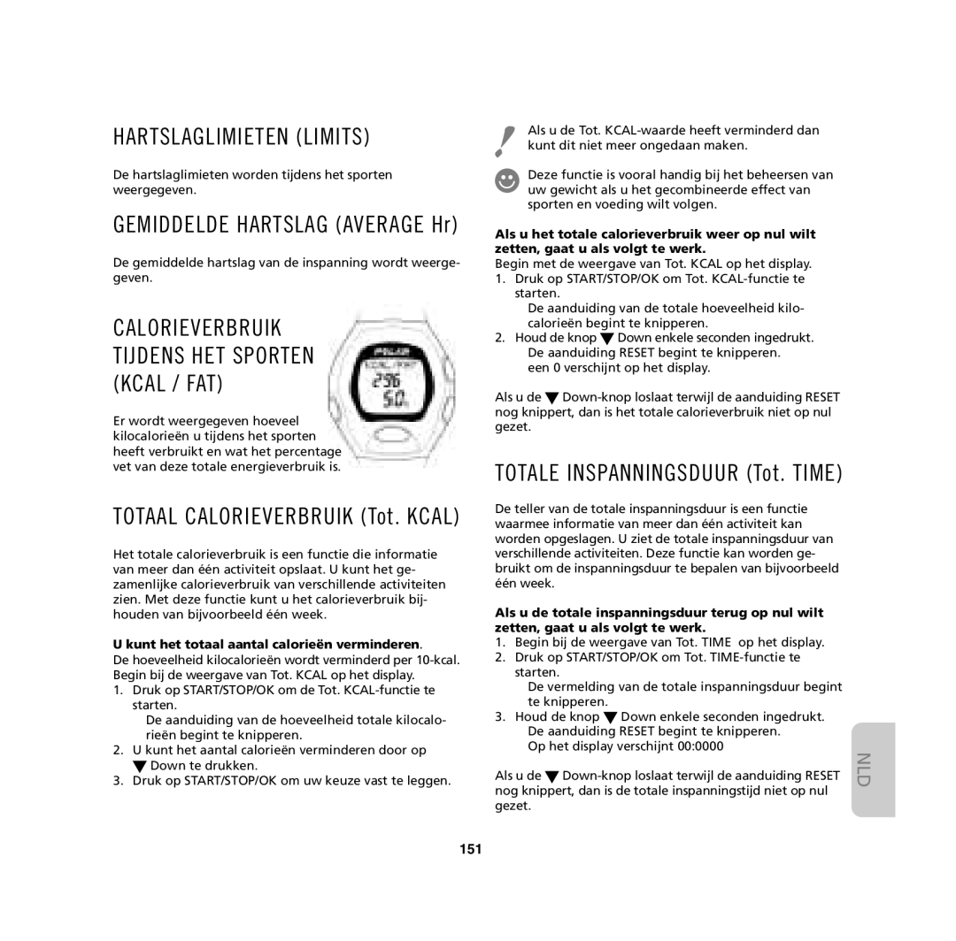 Polar M61, M62, M32, M31 user manual Hartslaglimieten Limits, 151, Kunt het totaal aantal calorieën verminderen 