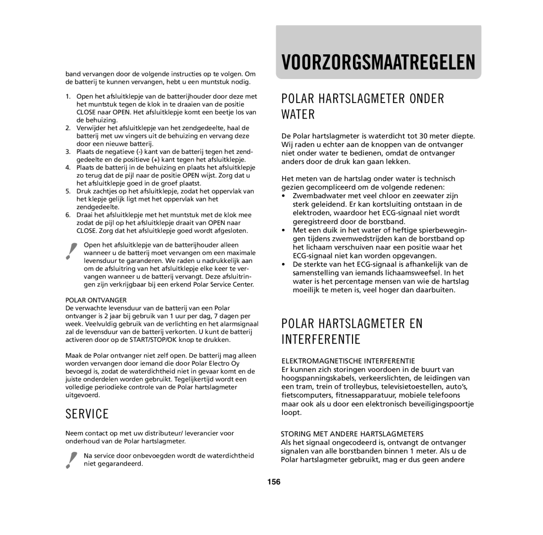 Polar M32, M62, M61, M31 user manual Service, Polar Hartslagmeter Onder Water, Polar Hartslagmeter EN Interferentie, 156 