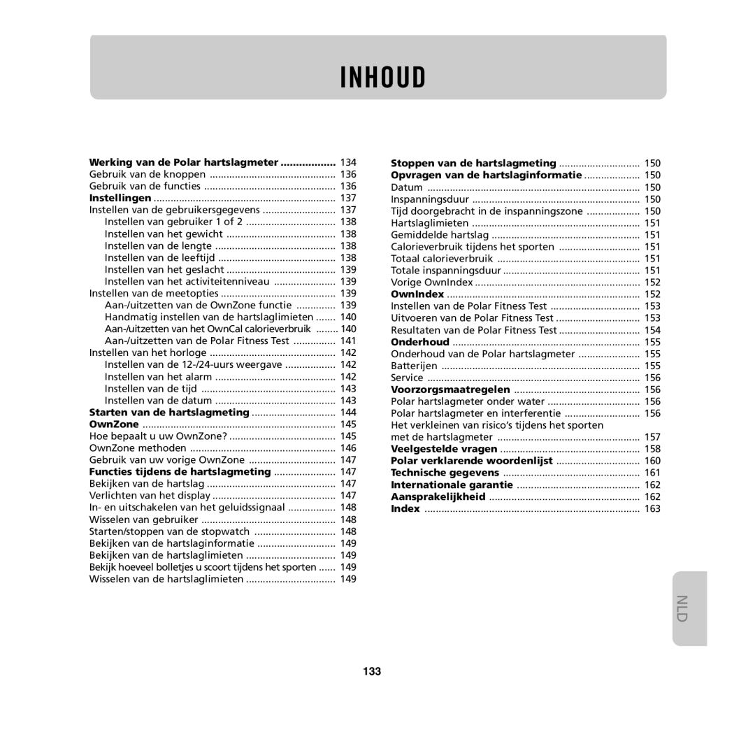 Polar M31, M62, M61, M32 user manual Inhoud, 133 