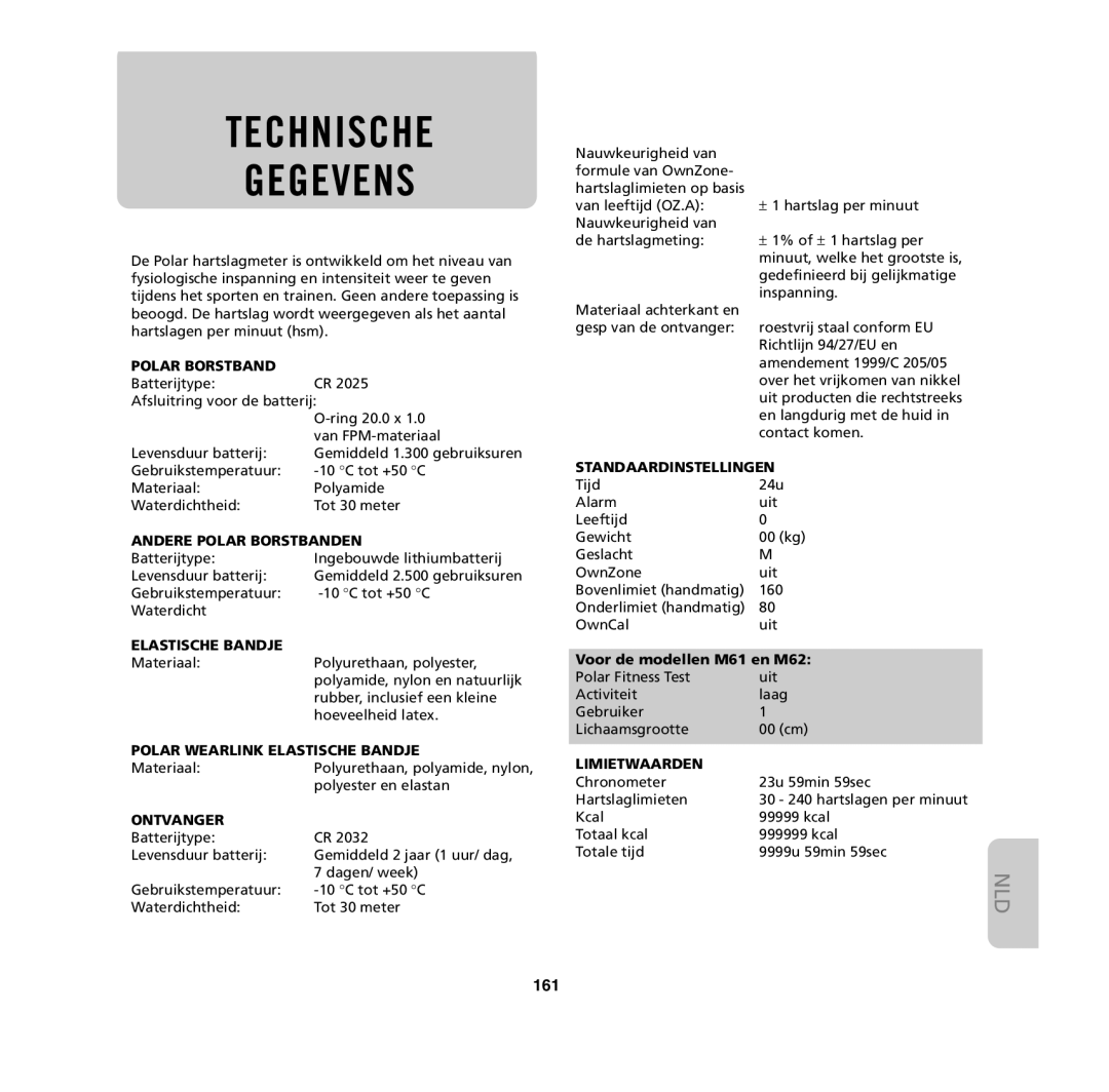 Polar M31, M62, M61, M32 user manual Technische Gegevens, 161 