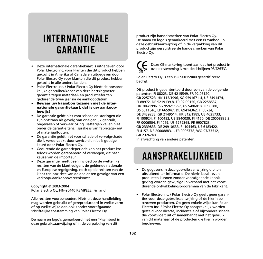 Polar M62, M61, M32, M31 user manual Internationale Garantie, 162 