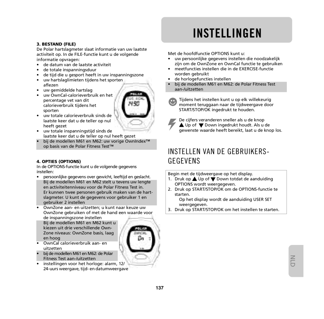 Polar M31, M62, M61, M32 user manual Instellingen, Instellen VAN DE GEBRUIKERS- Gegevens, 137, Bestand File, Opties Options 