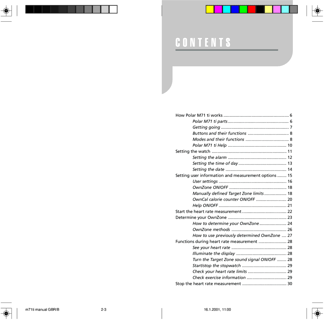 Polar M71 manual N T E N T S, Setting the alarm Setting the time of day Setting the date 