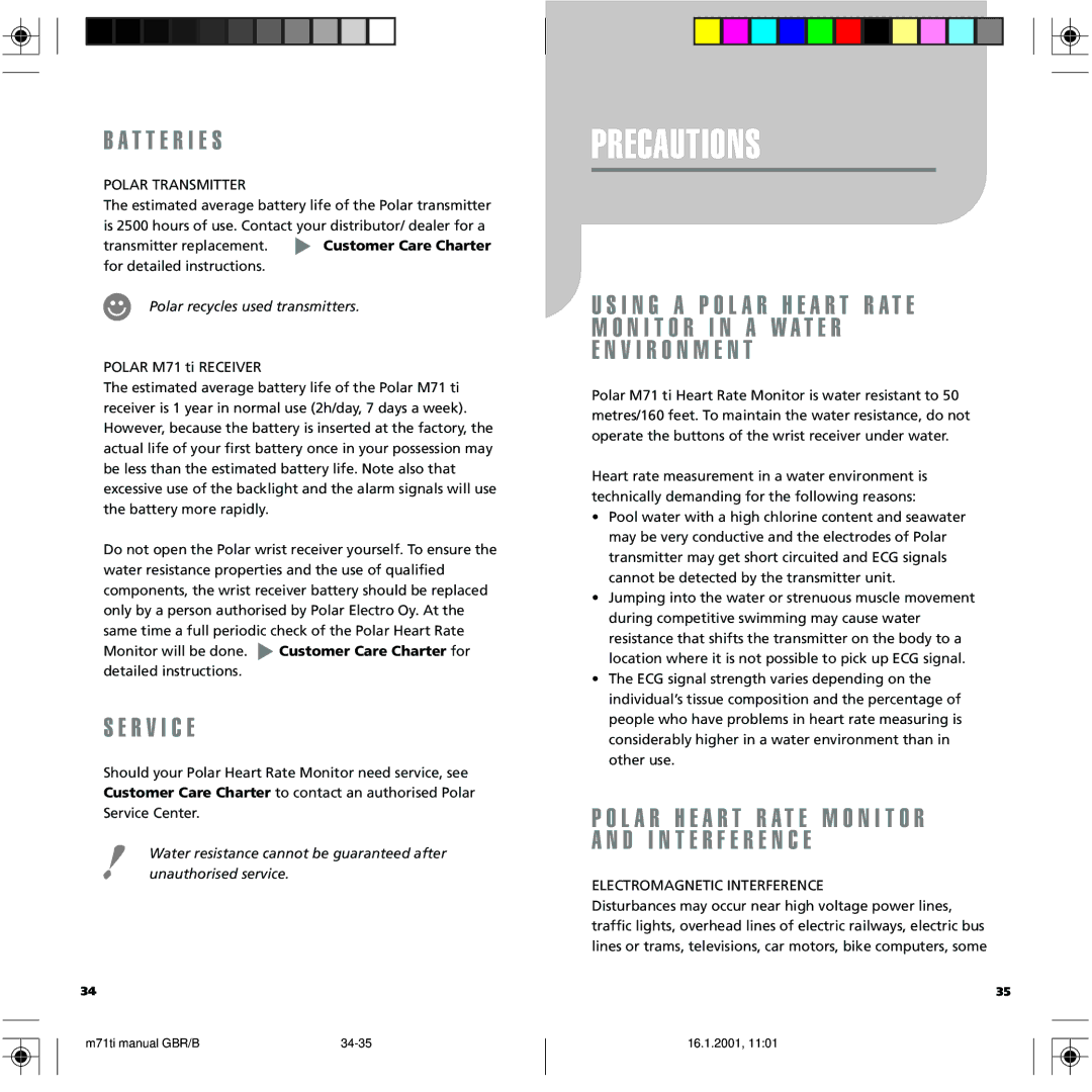 Polar M71 manual Precautions, T T E R I E S, R V I C E, V I R O N M E N T, Polar recycles used transmitters 