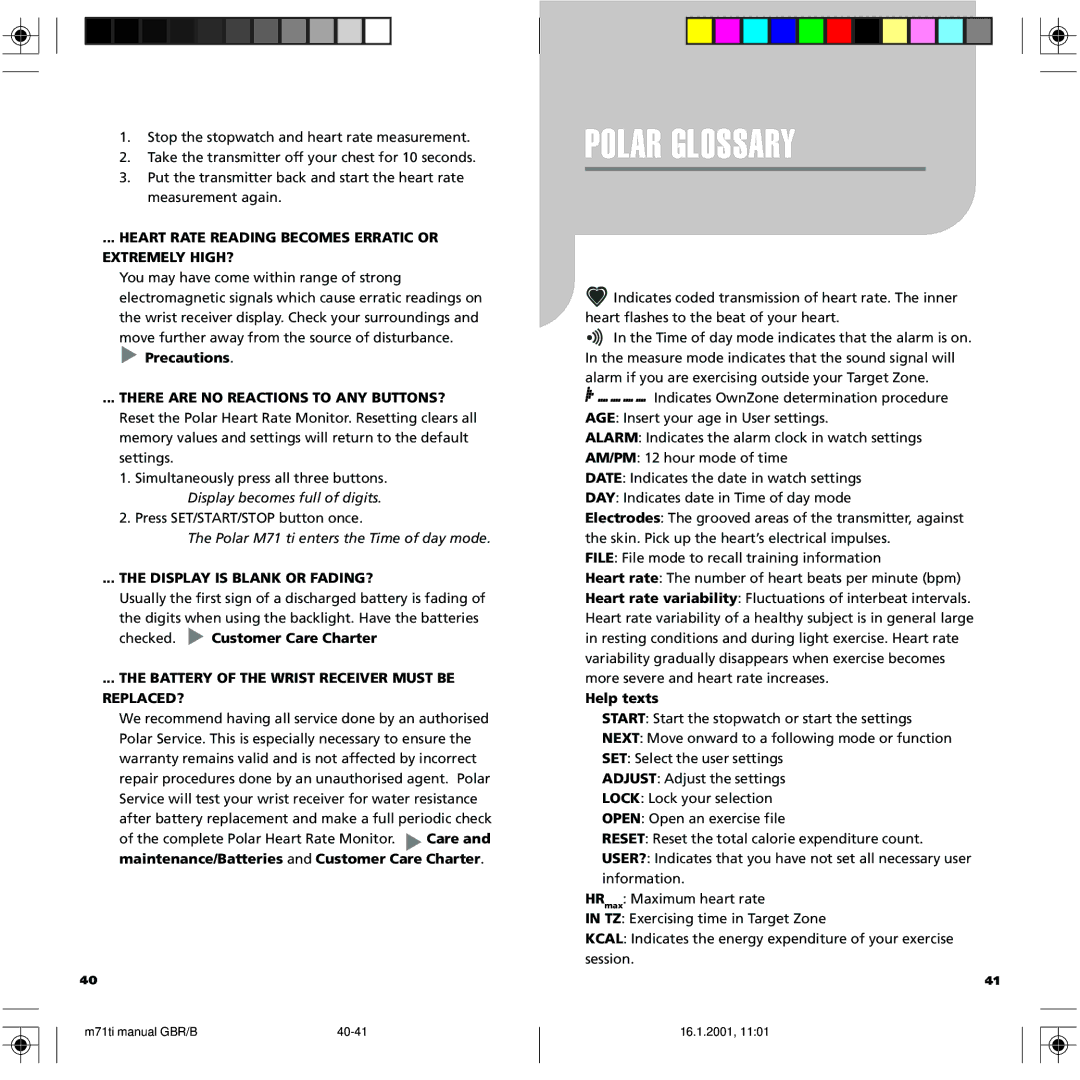 Polar M71 Polar Glossary, Heart Rate Reading Becomes Erratic or Extremely HIGH?, There are no Reactions to ANY BUTTONS? 