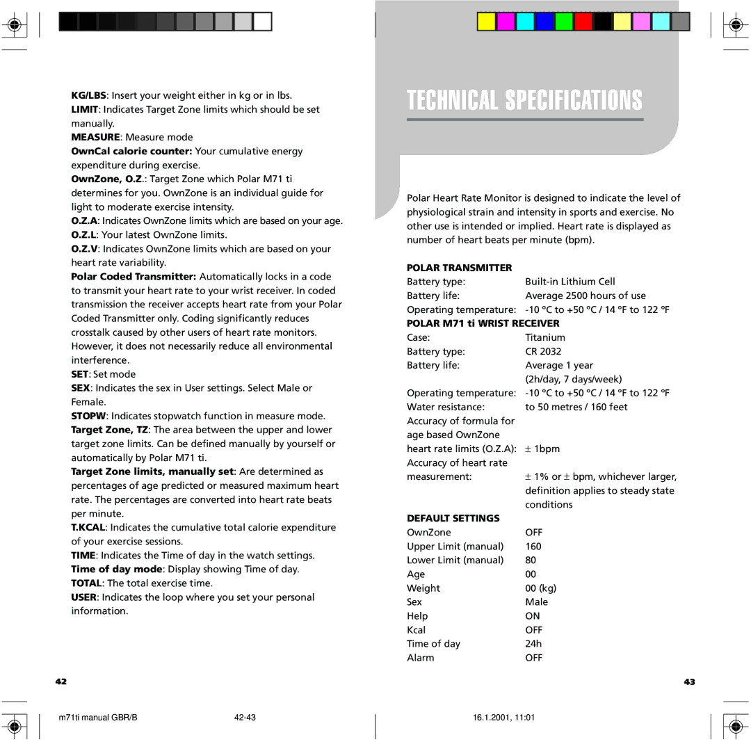 Polar manual Polar Transmitter, Polar M71 ti Wrist Receiver, Default Settings 