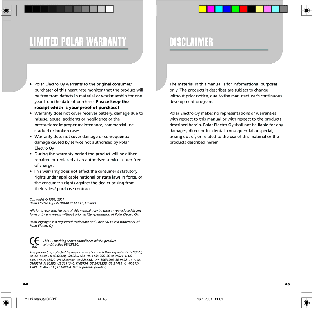 Polar M71 manual Disclaimer, Limited Polar Warranty 