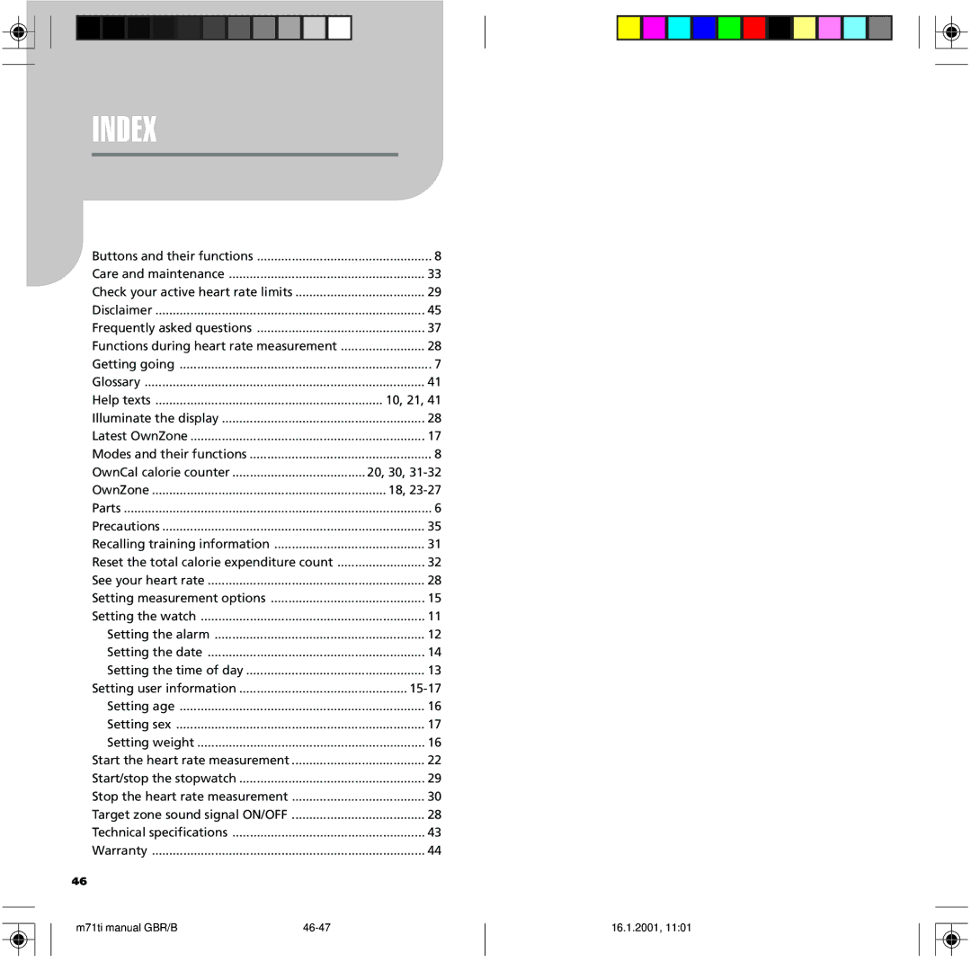 Polar M71 manual Index, 20, 30 