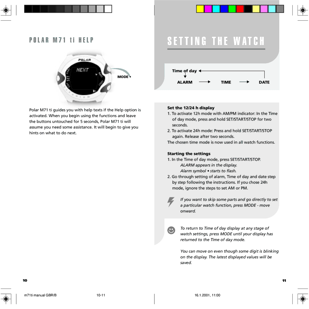 Polar M71 manual L a R M 7 1 t i H E L P, Time of day, Alarmtimedate, Set the 12/24 h display, Starting the settings 