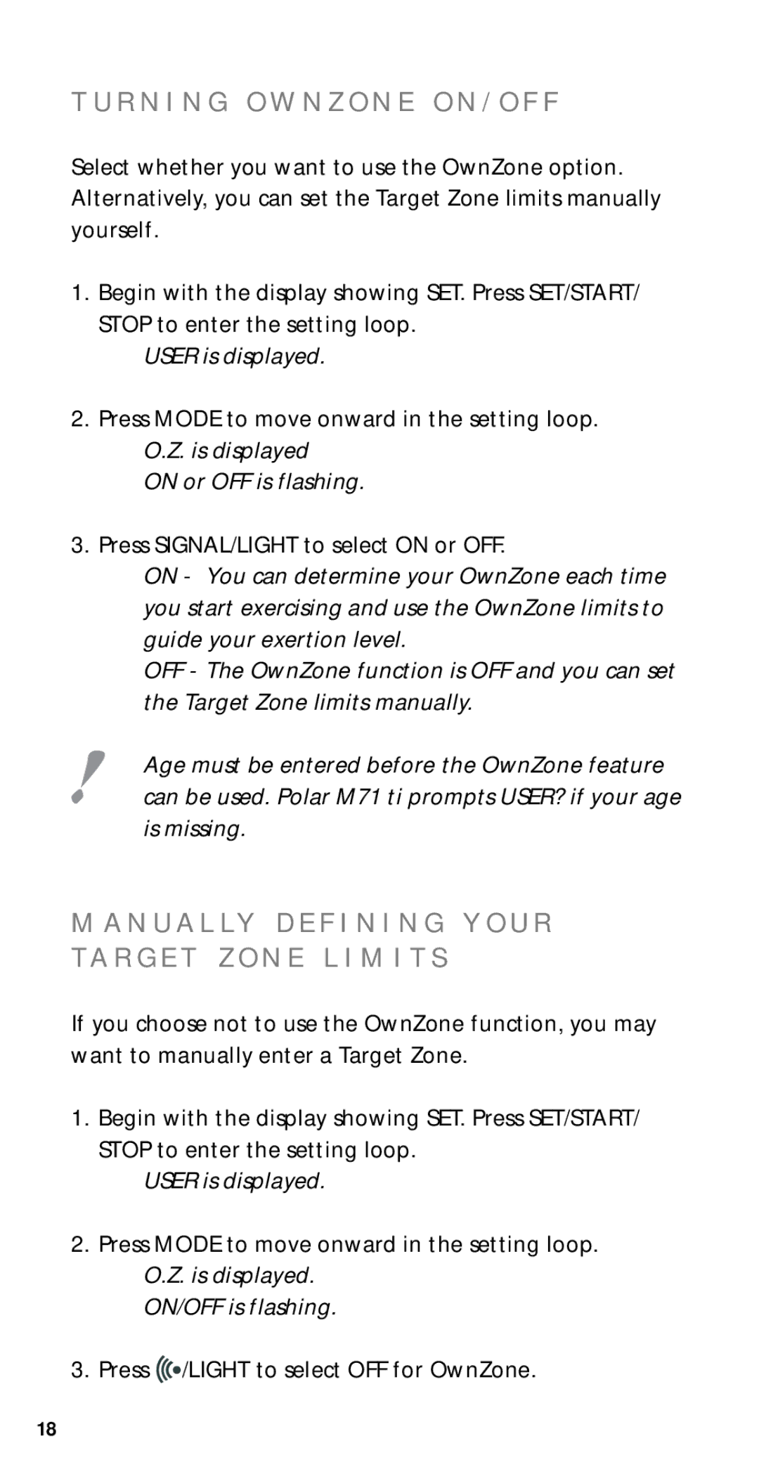 Polar M71ti user manual User is displayed, On or OFF is flashing, ON/OFF is flashing 