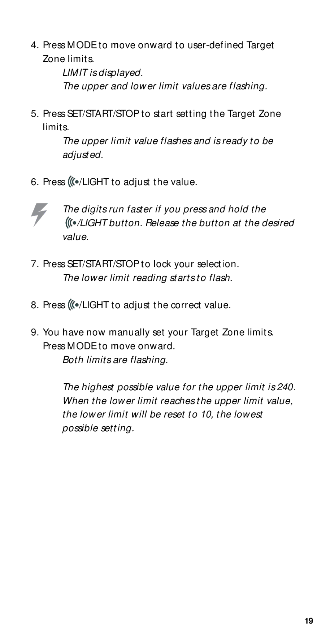 Polar M71ti user manual Limit is displayed Upper and lower limit values are flashing 