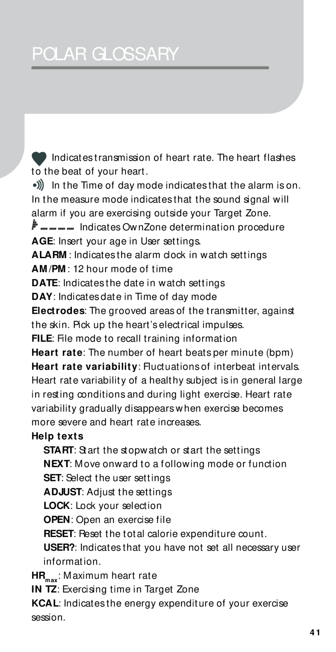 Polar M71ti user manual Polar Glossary, Help texts 