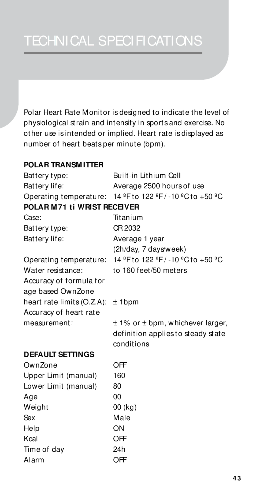 Polar M71ti user manual Polar Transmitter, Polar M71 ti Wrist Receiver, Default Settings 