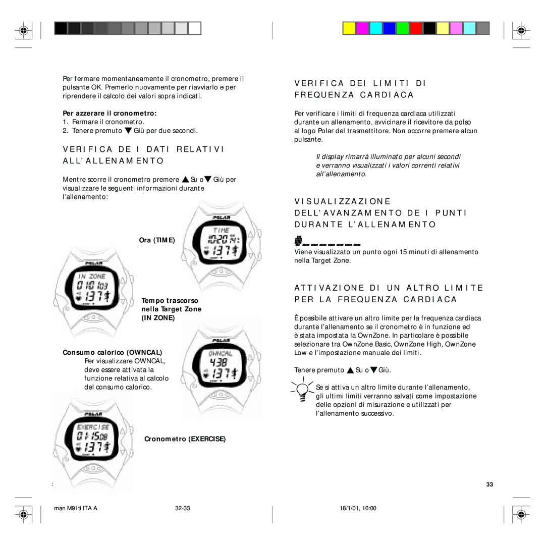 Polar M91 manual S U a L I Z Z a Z I O N E, Per azzerare il cronometro, Cronometro Exercise 