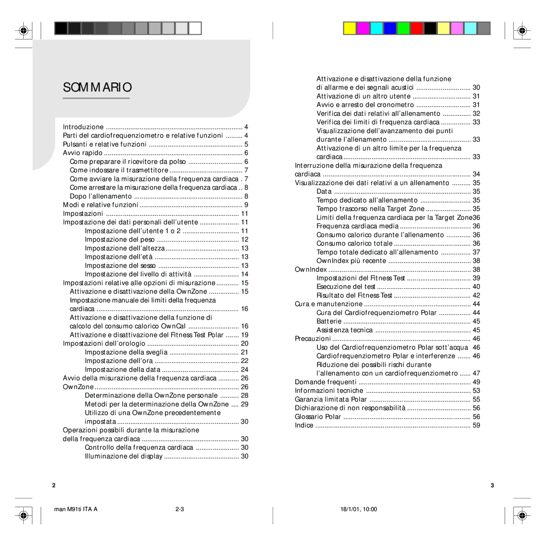 Polar M91 manual Sommario, Parti del cardiofrequenziometro e relative funzioni 