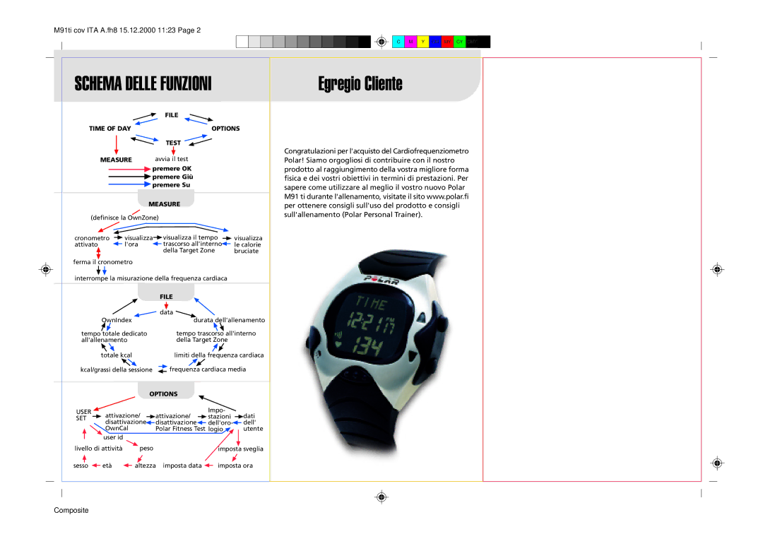 Polar M91 manual Time of DAY Options Test Measure, Premere OK, Premere Giù, Premere Su 