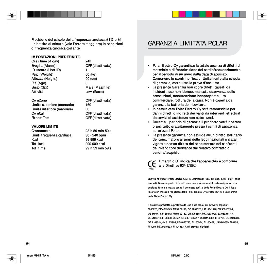 Polar M91 manual Garanzia Limitata Polar, Impostazioni Predefinite, Valore Limite 