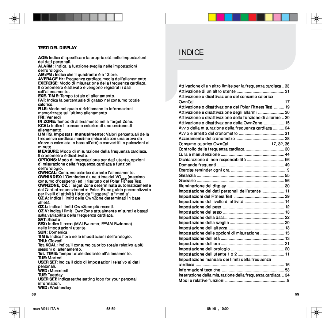 Polar M91 manual Indice, Testi Del Display 