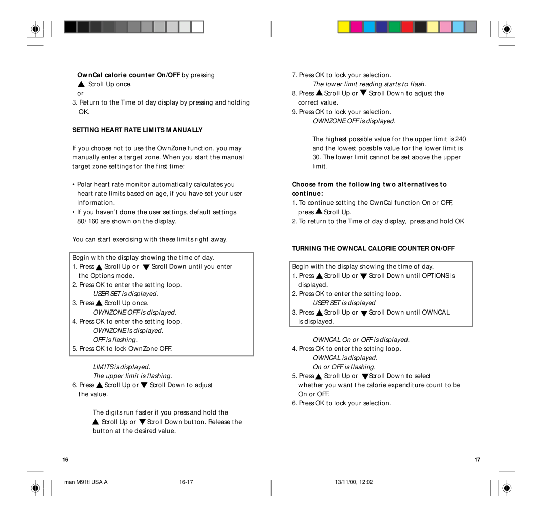 Polar M91TI user manual OwnCal calorie counter On/OFF by pressing, Setting Heart Rate Limits Manually 