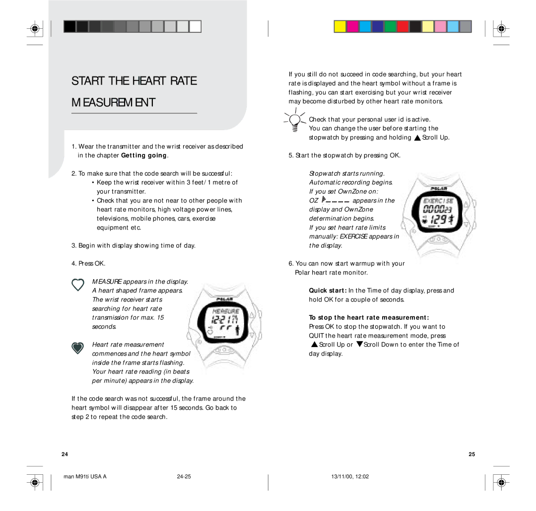 Polar M91TI user manual Measurement, To stop the heart rate measurement 