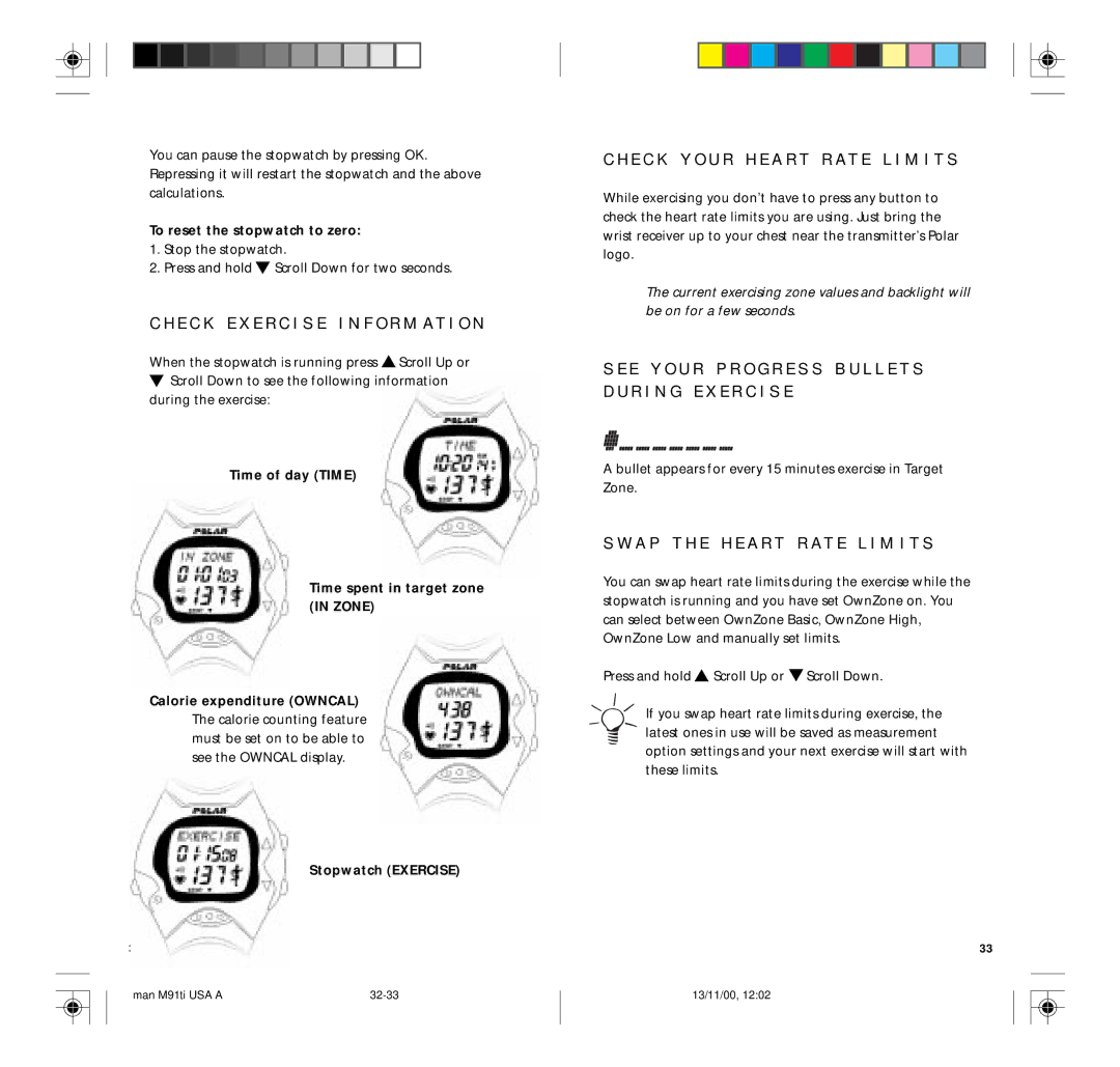 Polar M91TI E C K Y O U R H E a R T R a T E L I M I T S, A P T H E H E a R T R a T E L I M I T S, Stopwatch Exercise 