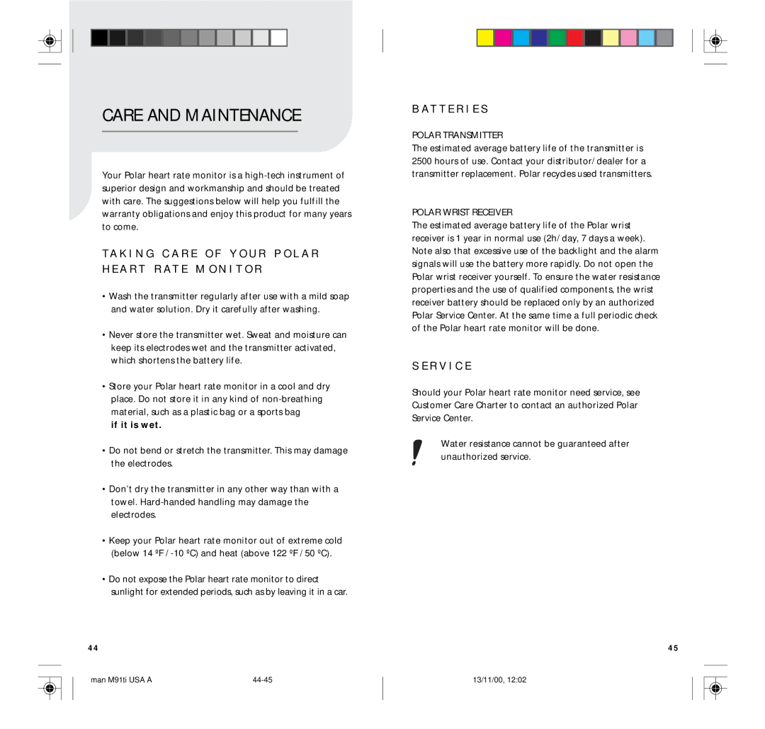 Polar M91TI user manual T T E R I E S, R V I C E, If it is wet 