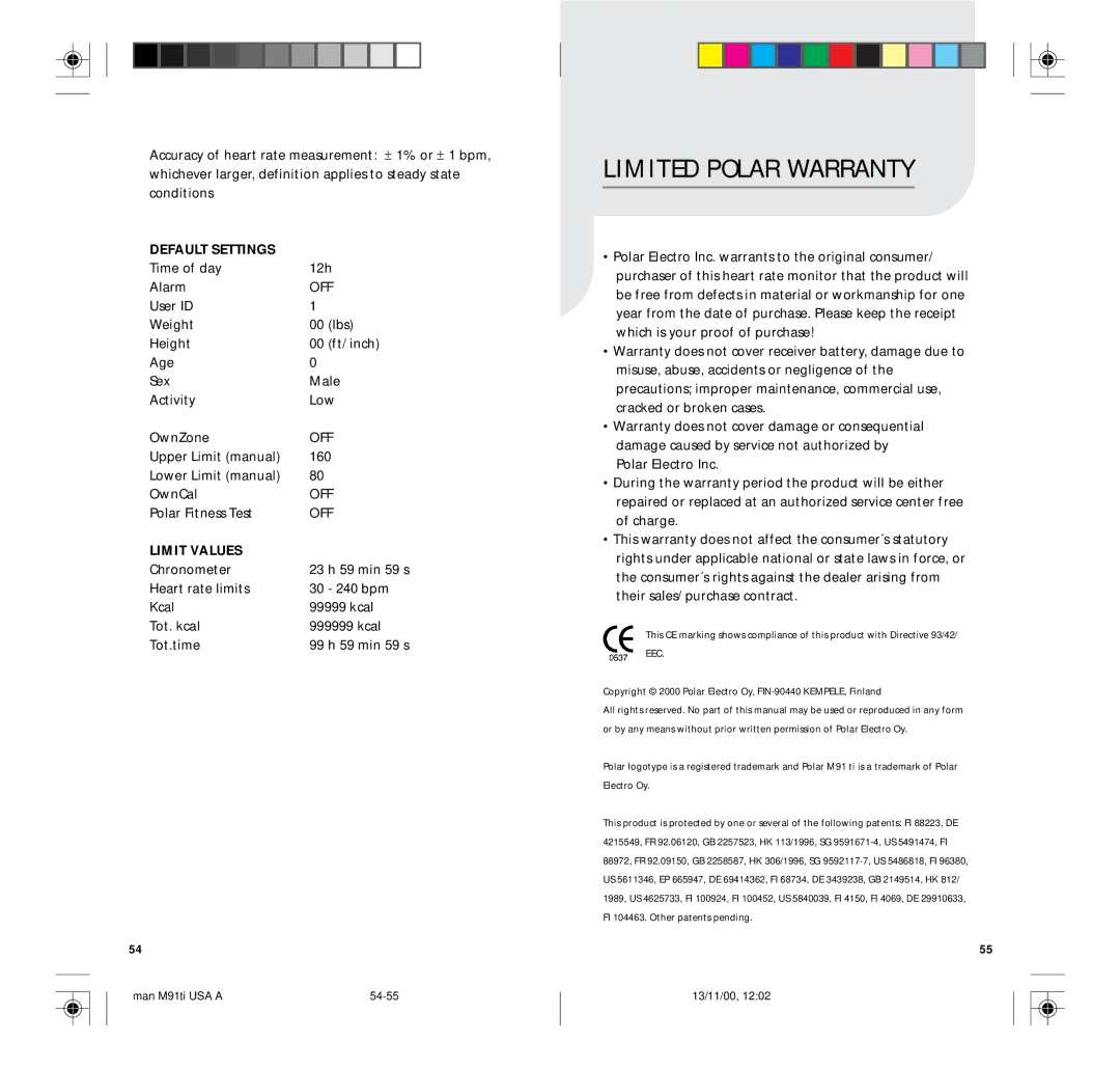 Polar M91TI user manual Default Settings, Limit Values 