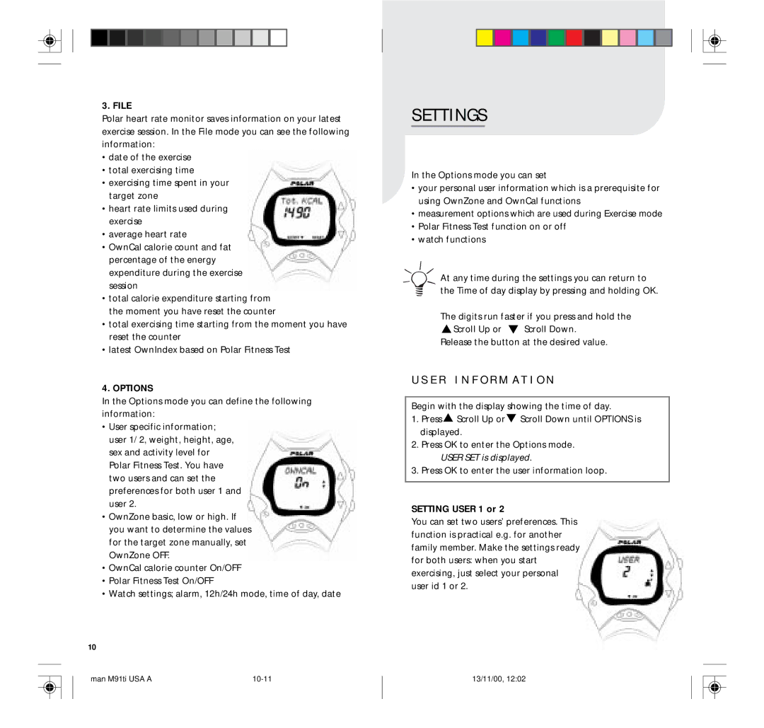 Polar M91TI user manual Settings, E R I N F O R M a T I O N, File, Options, Setting User 1 or 