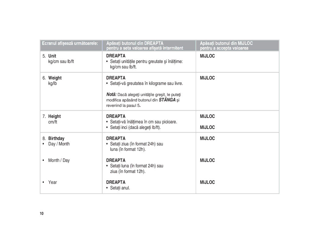 Polar Polar CS200cad user manual Unit, Weight, Height, Birthday 