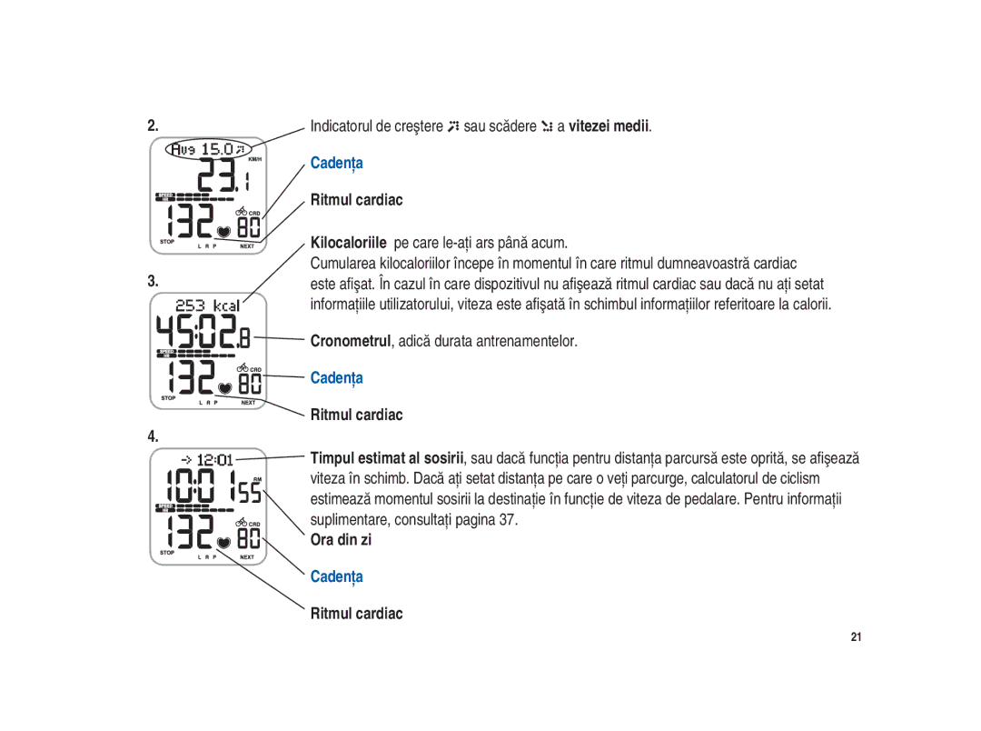 Polar Polar CS200cad user manual Indicatorul de creştere sau scădere a vitezei medii, Ritmul cardiac, Ora din zi 