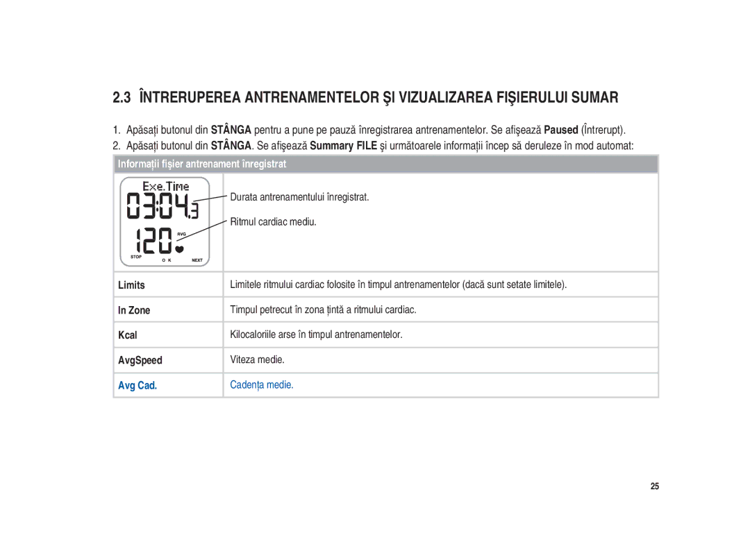 Polar Polar CS200cad user manual Informaţii ﬁ şier antrenament înregistrat 