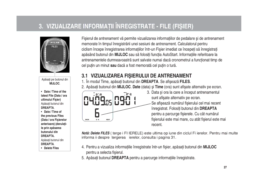 Polar Polar CS200cad user manual Vizualizare Informaţii Înregistrate File Fişier, Vizualizarea Fişierului DE Antrenament 