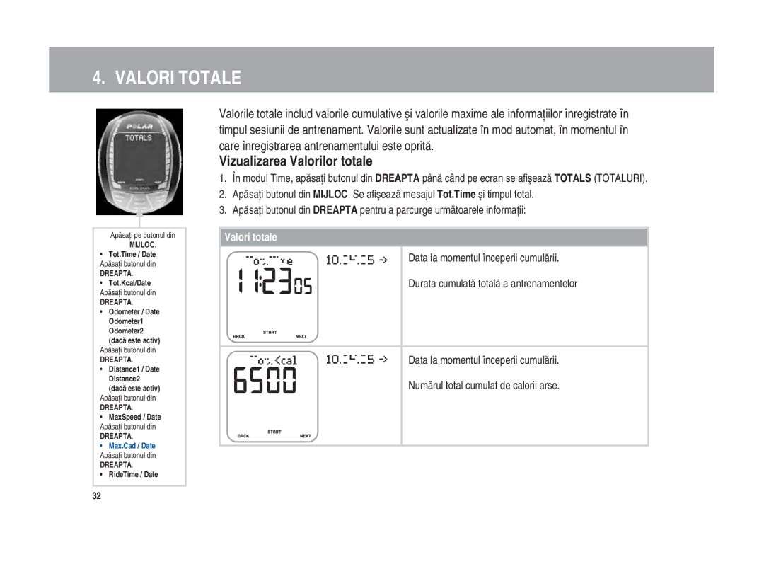 Polar Polar CS200cad user manual Valori Totale, Vizualizarea Valorilor totale 