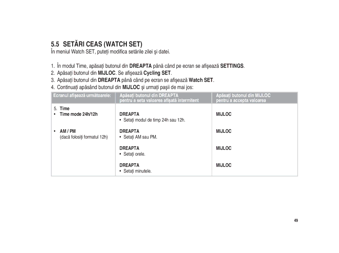 Polar Polar CS200cad user manual Setări Ceas Watch SET 