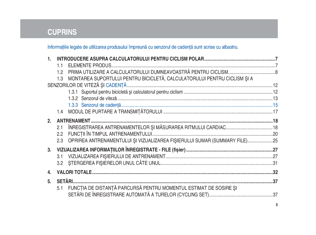 Polar Polar CS200cad user manual Cuprins, Senzorilor DE Viteză ŞI Cadenţă 