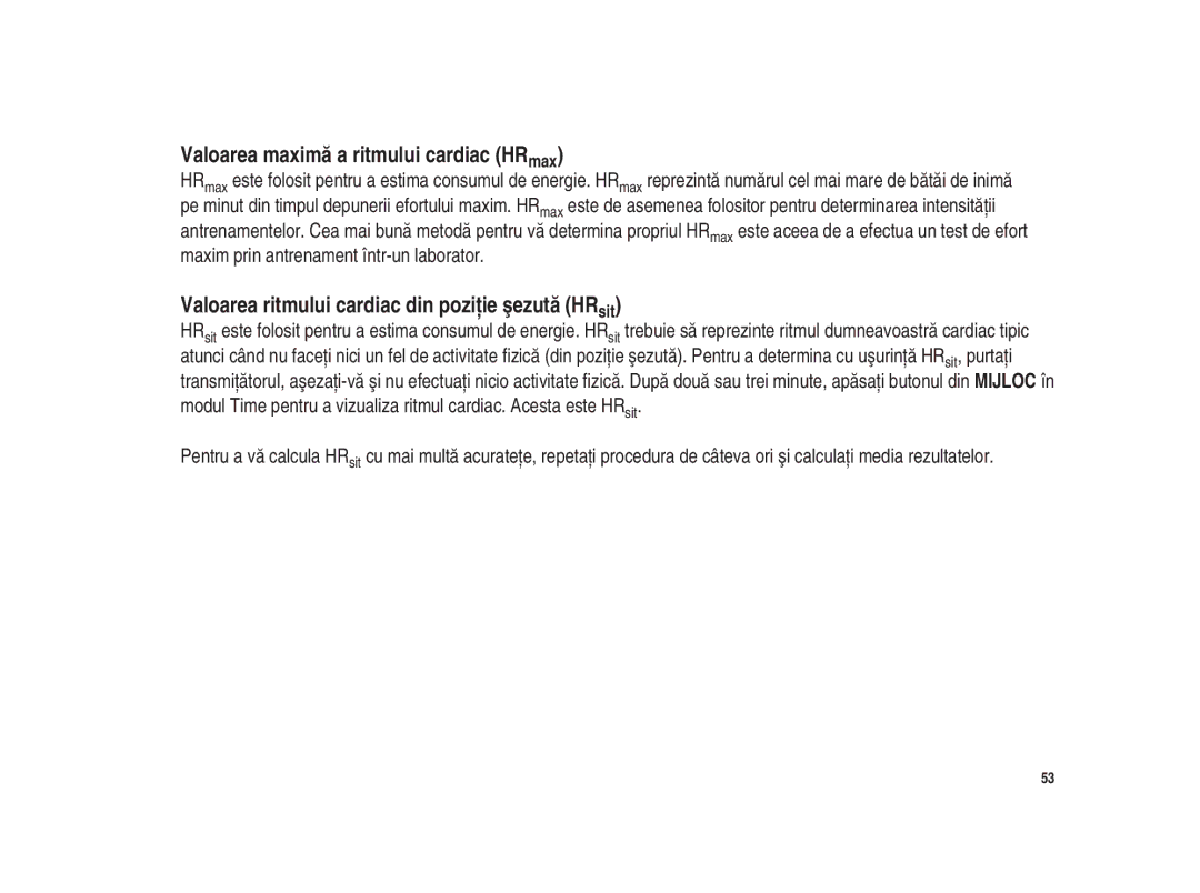 Polar Polar CS200cad Valoarea maximă a ritmului cardiac HRmax, Valoarea ritmului cardiac din poziţie şezută HRsit 