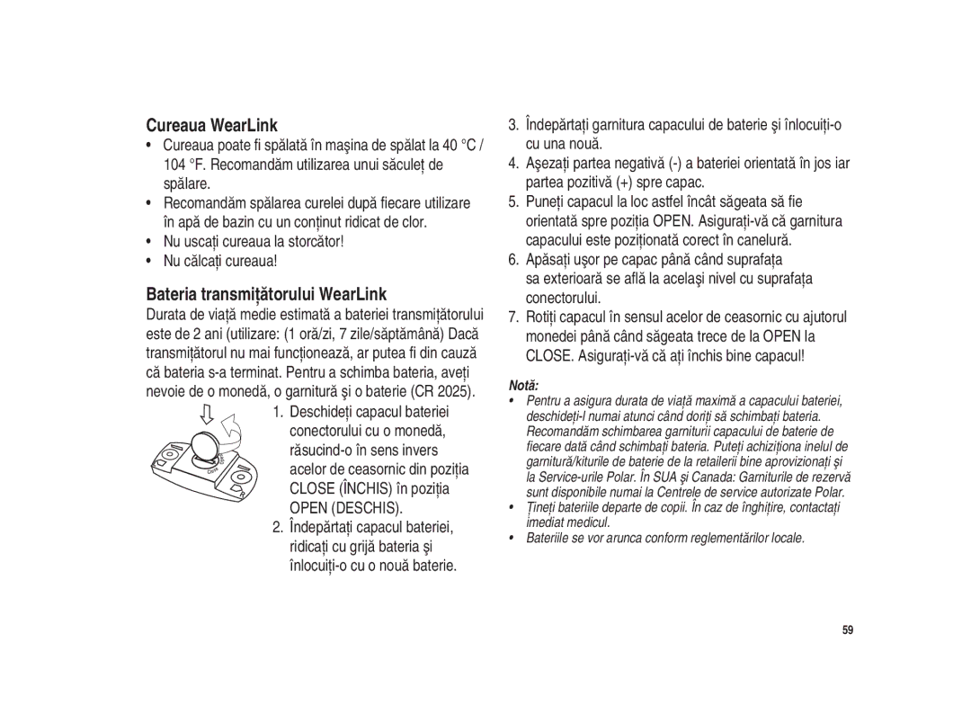 Polar Polar CS200cad user manual Cureaua WearLink, Bateria transmiţătorului WearLink 