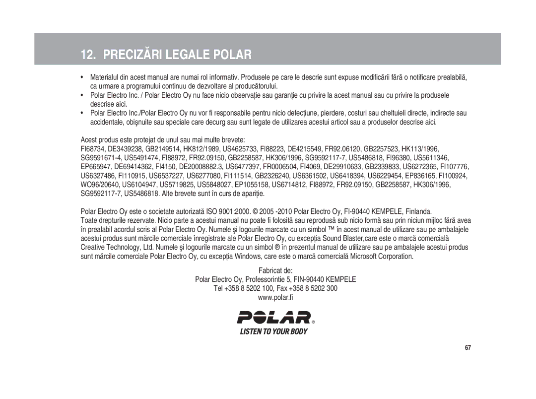 Polar Polar CS200cad user manual Precizări Legale Polar, Acest produs este protejat de unul sau mai multe brevete 