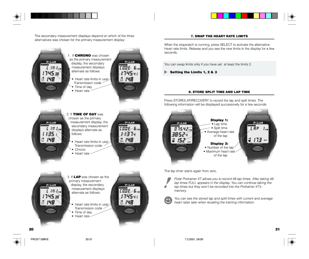 Polar PROTRAINER XT user manual If Time of DAY was chosen as the primary, Setting the Limits 1, 2, Display 