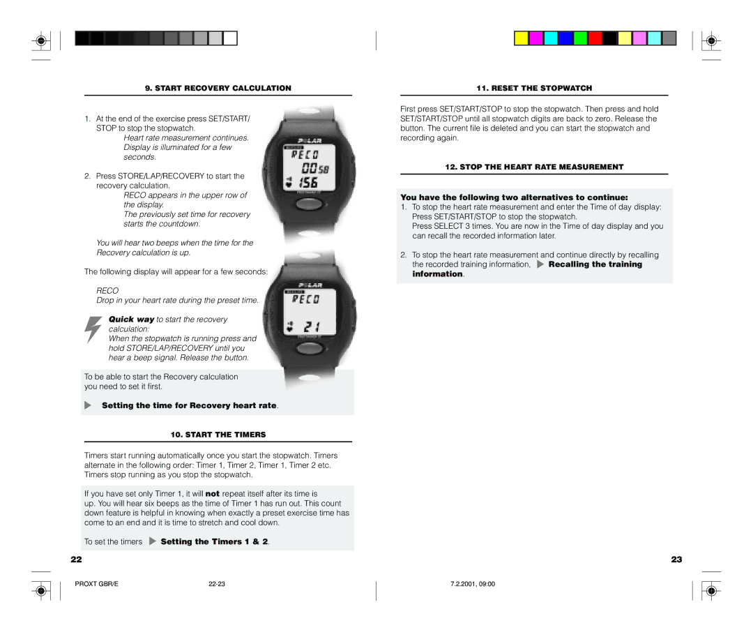 Polar PROTRAINER XT user manual Setting the time for Recovery heart rate, To set the timers Setting the Timers 1 