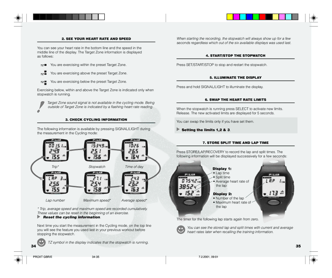 Polar PROTRAINER XT user manual Trip Stopwatch, Lap number Maximum speed, Setting the limits 1,2 