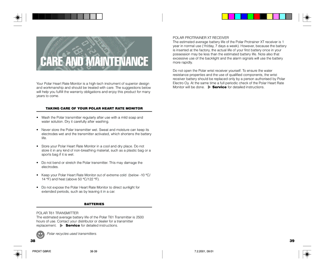 Polar PROTRAINER XT user manual Polar T61 Transmitter, Polar recycles used transmitters, Polar Protrainer XT Receiver 
