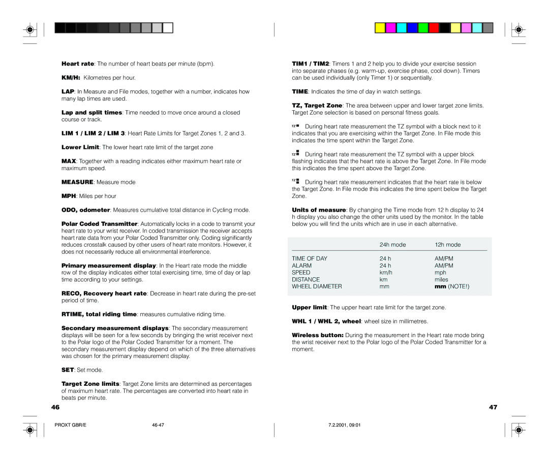 Polar PROTRAINER XT user manual Time of DAY, Am/Pm, Alarm, Speed, Distance, Wheel Diameter 