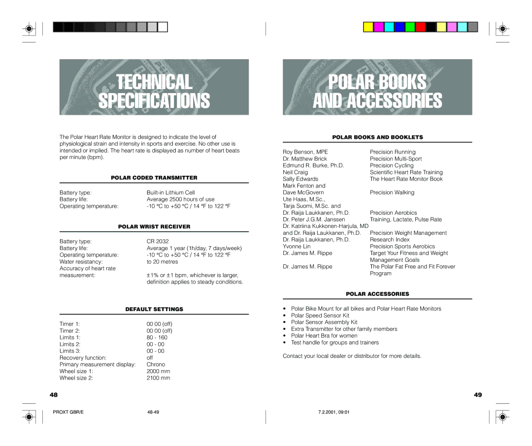 Polar PROTRAINER XT user manual Technical Specifications, Polar Books Accessories 