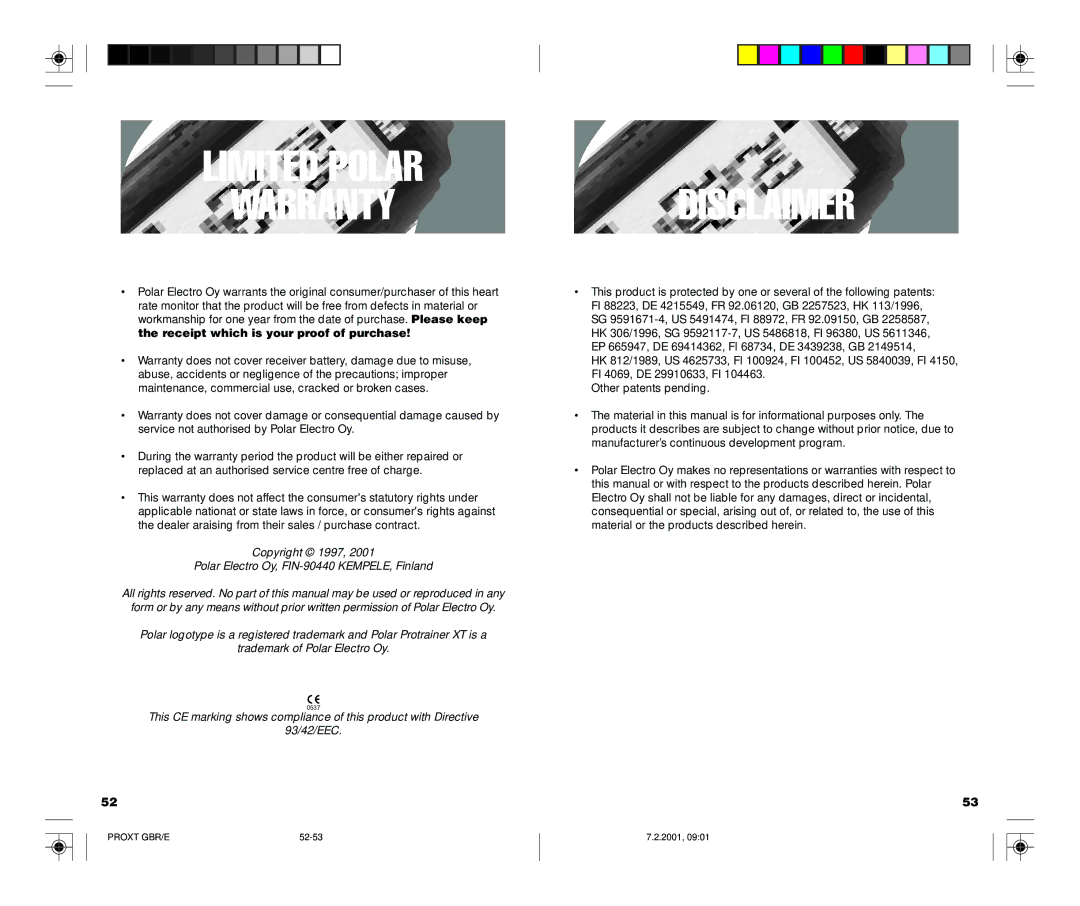 Polar PROTRAINER XT Limited Polar Warrantydisclaimer, Copyright 1997 Polar Electro Oy, FIN-90440 KEMPELE, Finland 