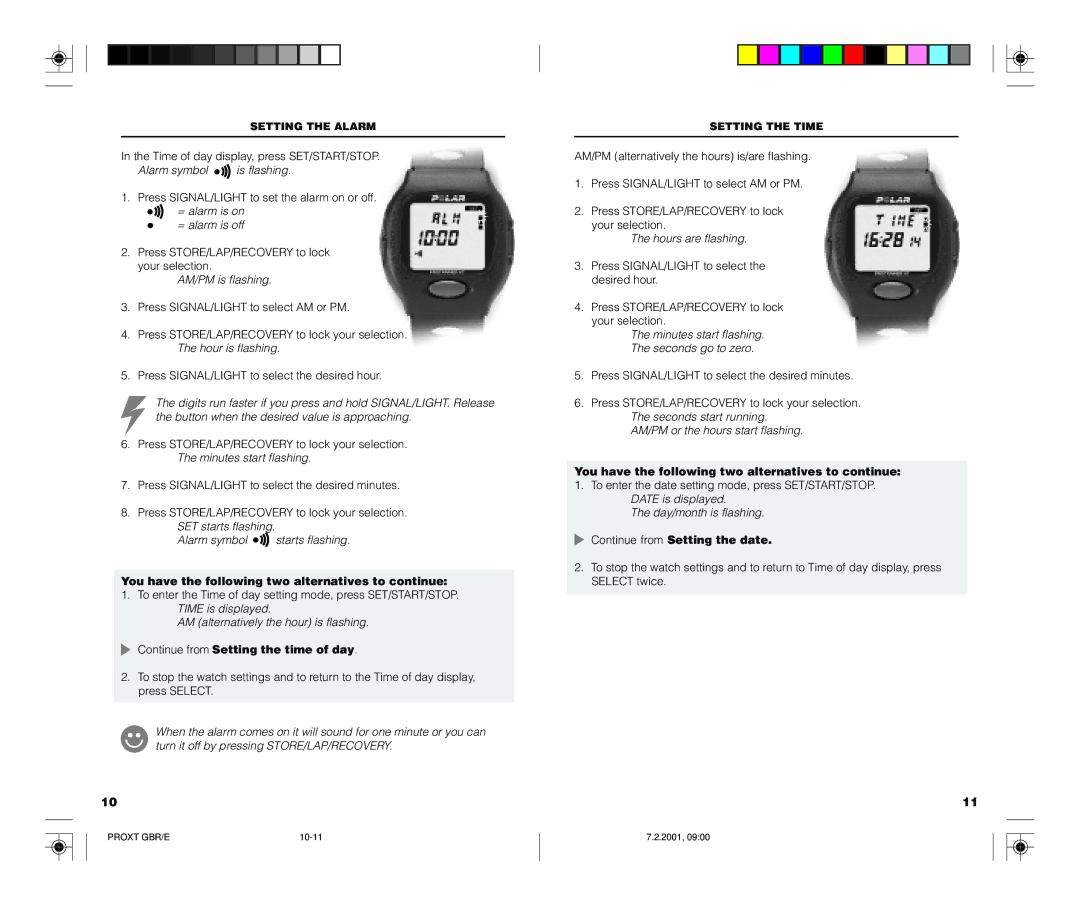 Polar PROTRAINER XT user manual You have the following two alternatives to continue, Continue from Setting the time of day 