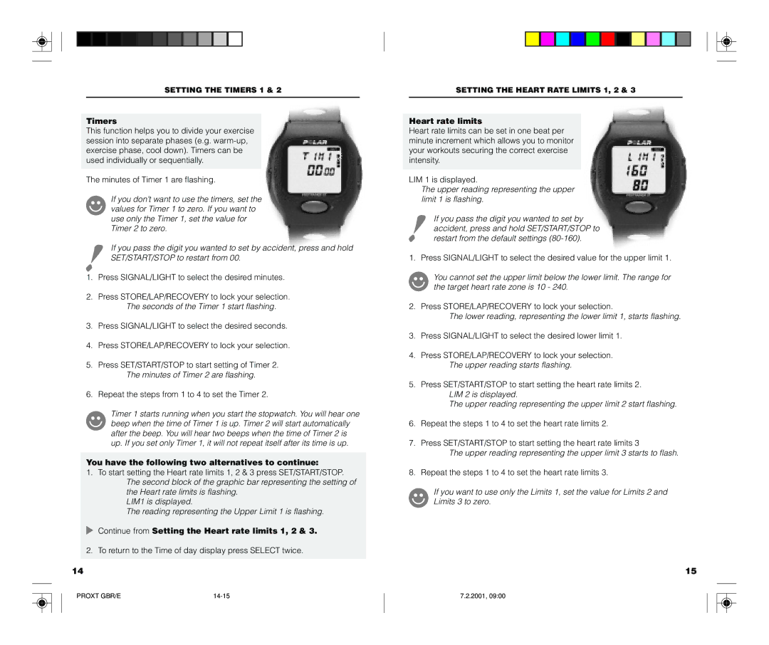 Polar PROTRAINER XT user manual Timers, Continue from Setting the Heart rate limits 1, 2 