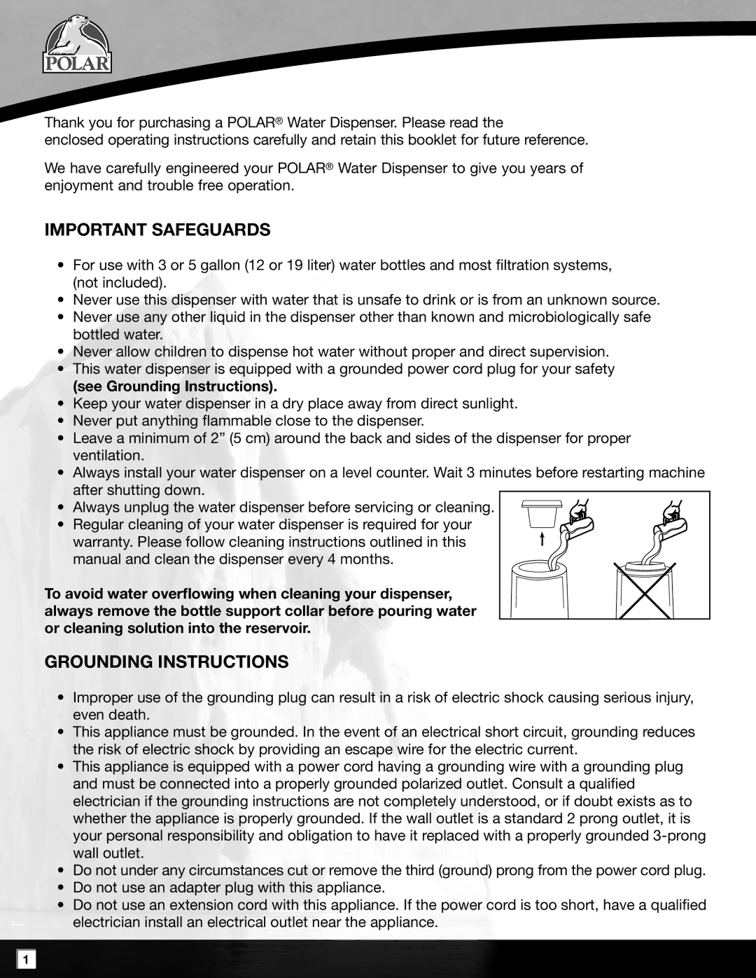 Polar PWD2635W-1 manual Important Safeguards, See Grounding Instructions 